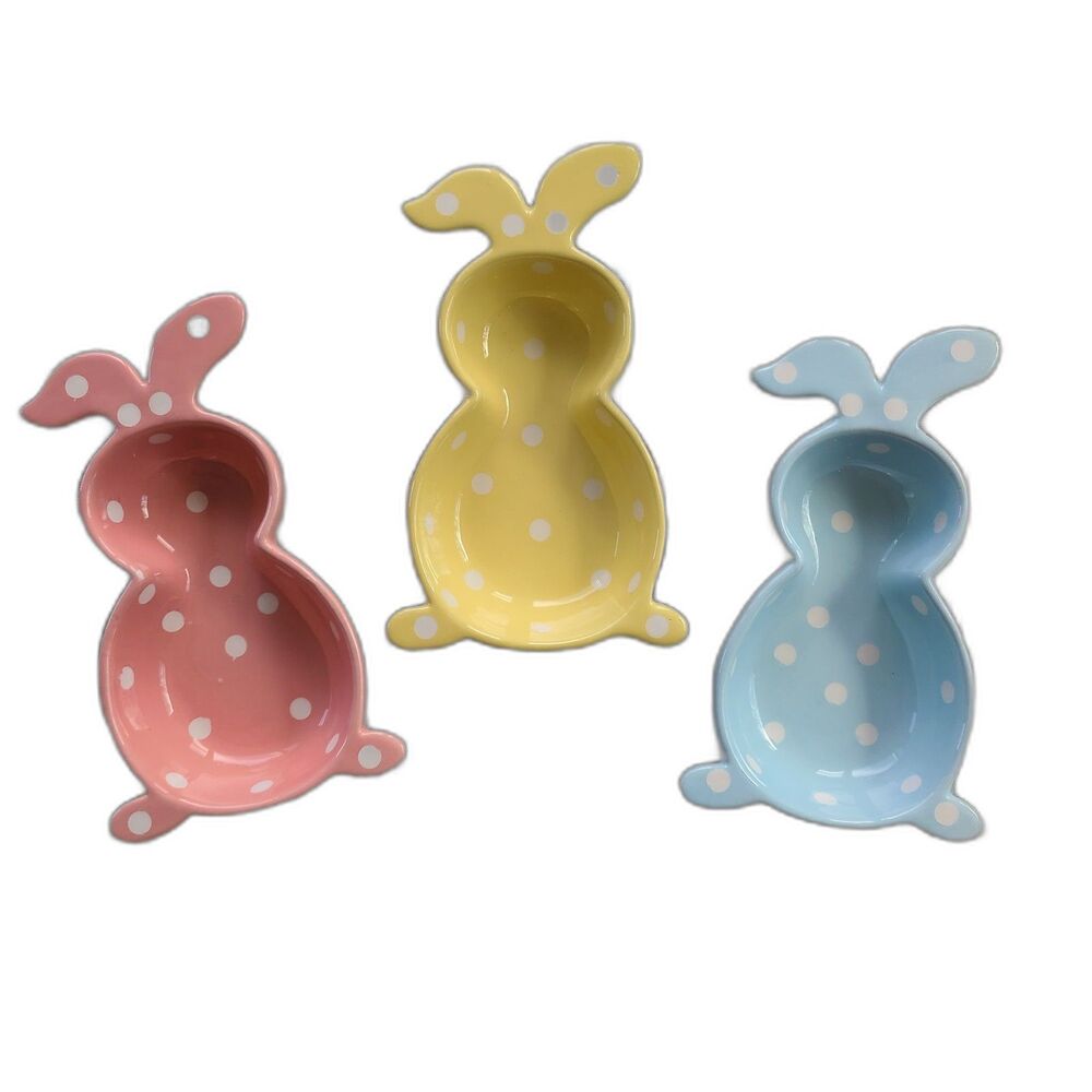 Ceramic Pastel Polka Dot Bunny Rabbit Shaped Three Trinket Dishes Easter Spring